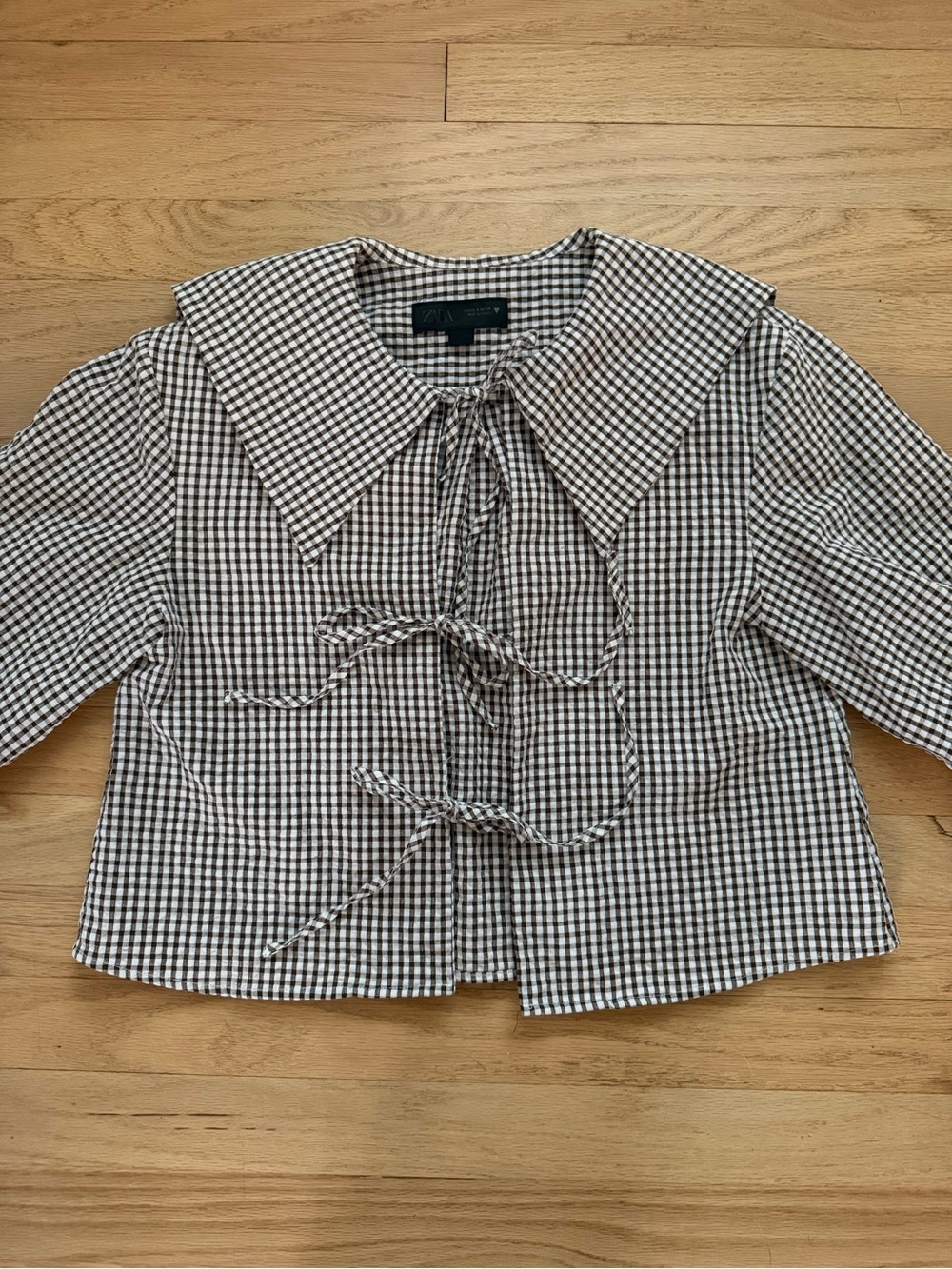 Zara Small Brown & White Gingham Tie Front Blouse